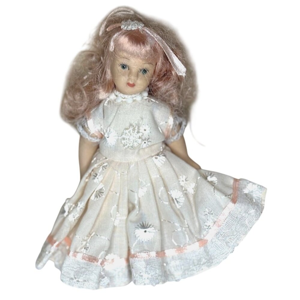 Vintage Porcelain Blonde Blue Eyes Doll Floral Lace Dress Victorian Strawberry - Picture 6 of 11